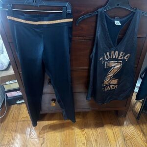 Zumba Fitness Black Tank and Leggings with Metallic Gold Accents